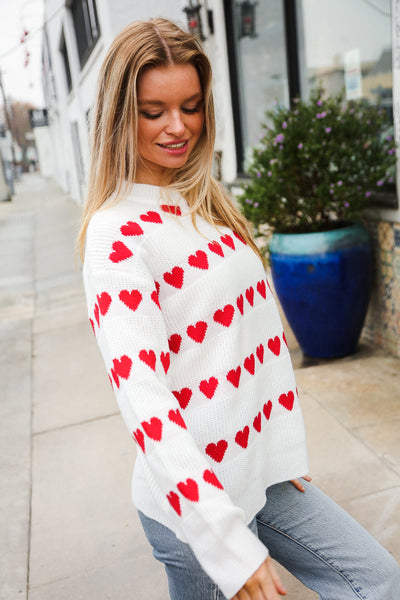 Be Mine White Jacquard Heart Stripe Pullover Sweater - Online Only!