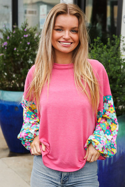 Lock Eyes Pink & Floral Bubble Sleeve French Terry Pullover - Online Only!