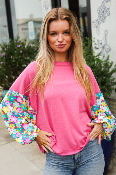 Lock Eyes Pink & Floral Bubble Sleeve French Terry Pullover - Online Only!