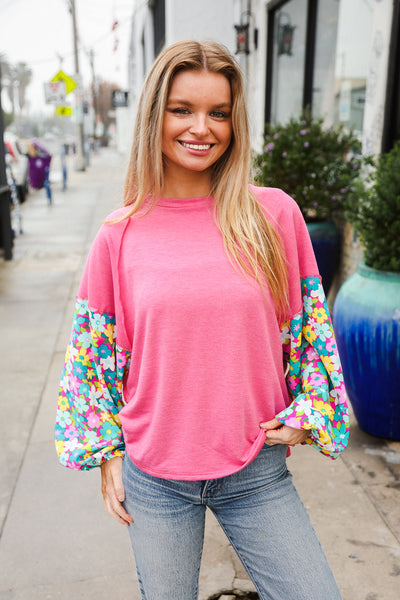 Lock Eyes Pink & Floral Bubble Sleeve French Terry Pullover - Online Only!