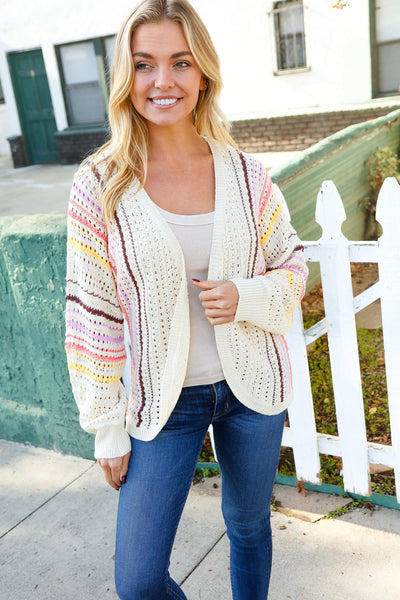 Easy Living Oatmeal Multicolor Stripe Dolman Crochet Cardigan - Online Only!