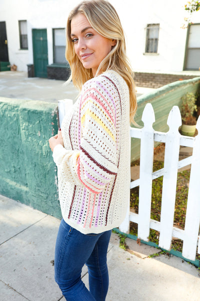Easy Living Oatmeal Multicolor Stripe Dolman Crochet Cardigan - Online Only!