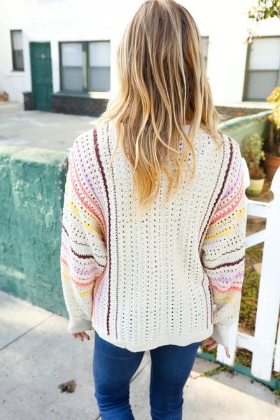 Easy Living Oatmeal Multicolor Stripe Dolman Crochet Cardigan - Online Only!