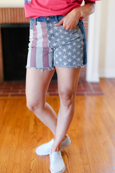 American Flag High Rise Frayed Hem Denim Shorts - Online Only!