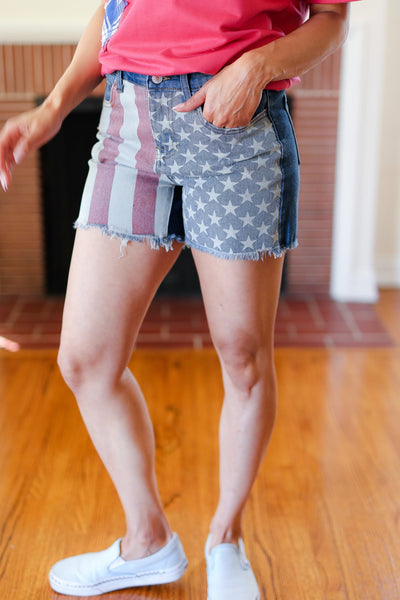 American Flag High Rise Frayed Hem Denim Shorts - Online Only!