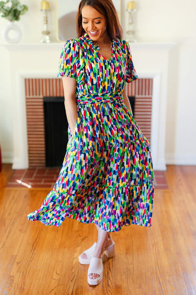All For You Navy Multicolor Abstract Print Smocked Waist Maxi Dress - Online Only!