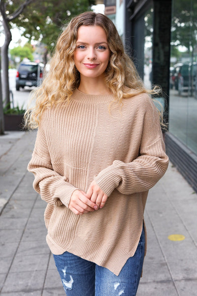 Autumn Vibes Taupe Asymmetrical Knit Sweater - Online Only!