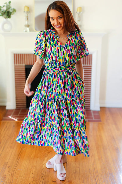 All For You Navy Multicolor Abstract Print Smocked Waist Maxi Dress - Online Only!