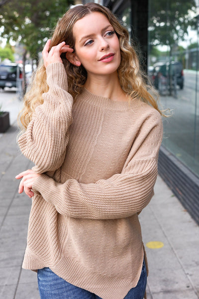 Autumn Vibes Taupe Asymmetrical Knit Sweater - Online Only!