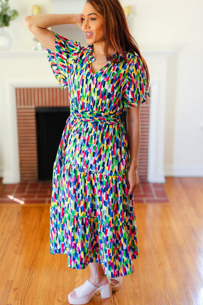 All For You Navy Multicolor Abstract Print Smocked Waist Maxi Dress - Online Only!