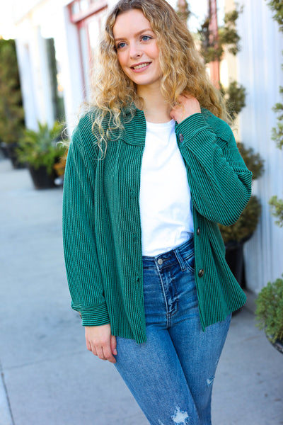 Holiday Pine Green Ribbed Button Down Shacket - Online Only!