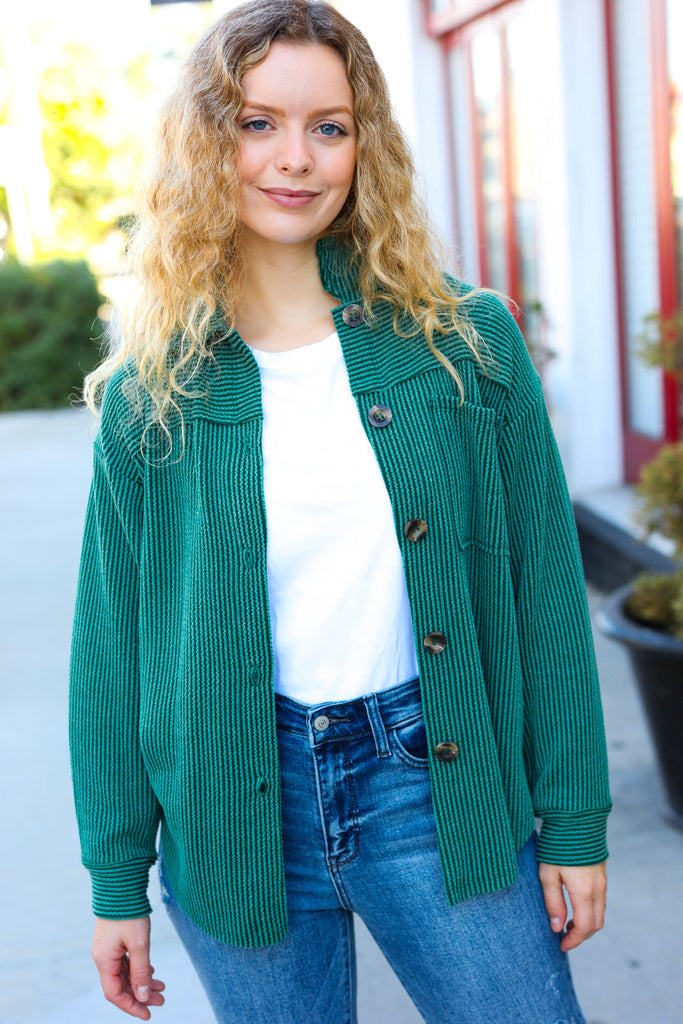 Holiday Pine Green Ribbed Button Down Shacket - Online Only!