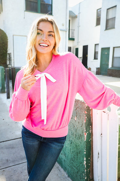 Pretty In Pink French Terry Bow Tie Drop Shoulder Pullover - Online Only!