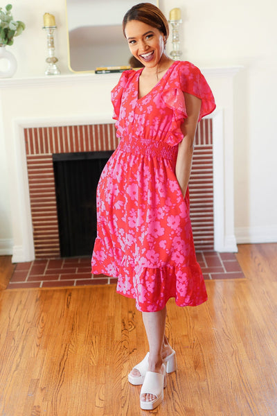 Remember Me Red & Pink Floral Print Smocked Waist Midi Dress - Online Only!