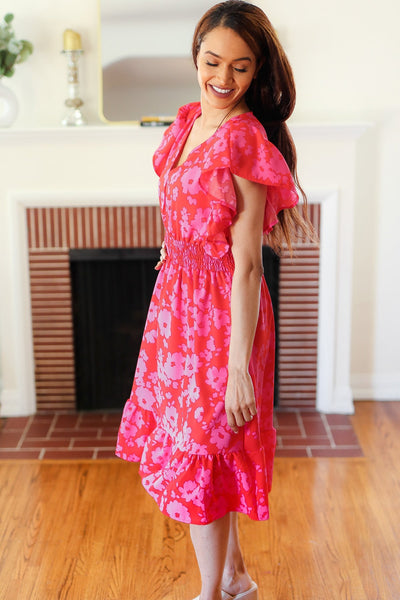 Remember Me Red & Pink Floral Print Smocked Waist Midi Dress - Online Only!