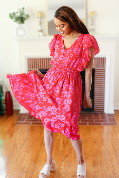 Remember Me Red & Pink Floral Print Smocked Waist Midi Dress - Online Only!