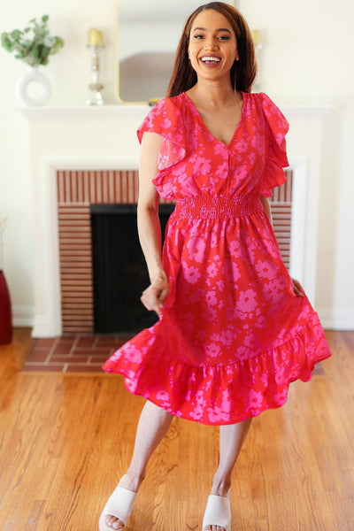Remember Me Red & Pink Floral Print Smocked Waist Midi Dress - Online Only!