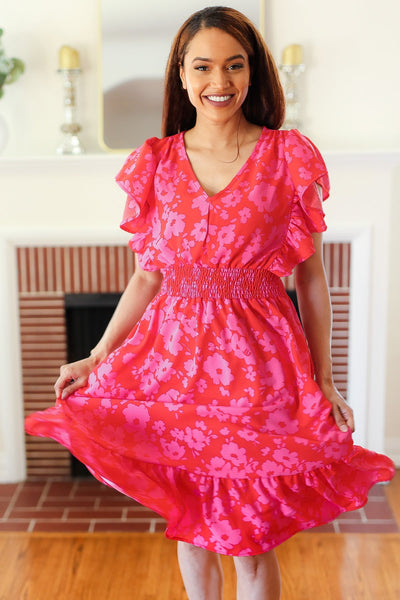 Remember Me Red & Pink Floral Print Smocked Waist Midi Dress - Online Only!