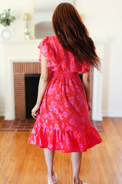 Remember Me Red & Pink Floral Print Smocked Waist Midi Dress - Online Only!