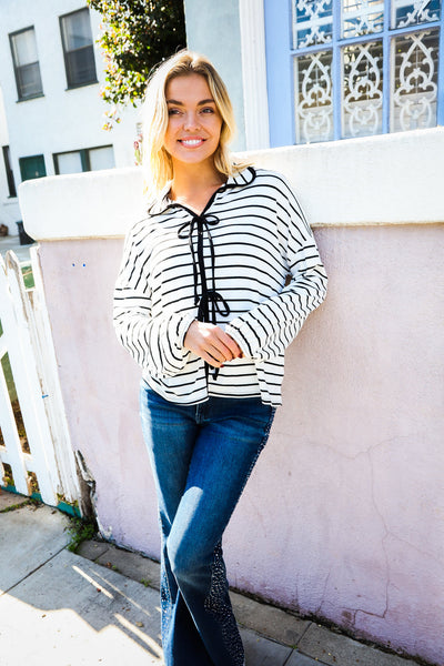 Embrace Joy Black & White Collared Stripe Ribbon Bow Tie Top - Online Only!