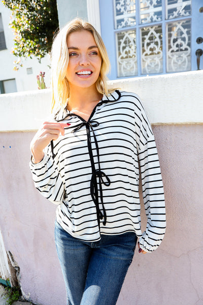 Embrace Joy Black & White Collared Stripe Ribbon Bow Tie Top - Online Only!
