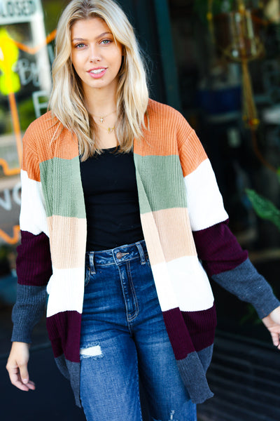 Perfectly You Plum & Olive Color Block Open Cardigan - Online Only!