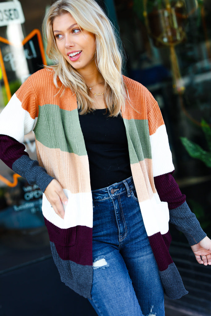 Perfectly You Plum & Olive Color Block Open Cardigan - Online Only!