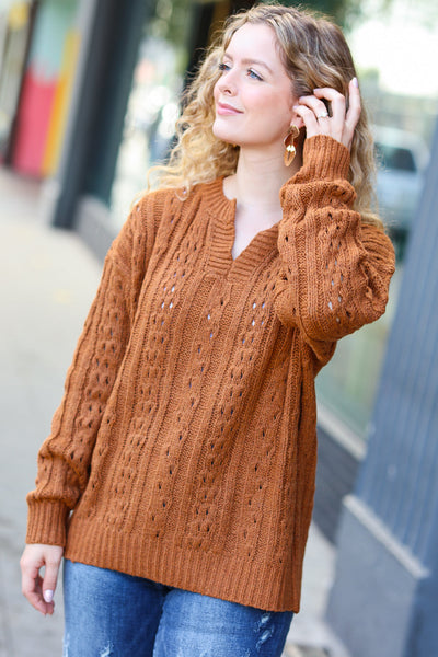 Can't Resist Rust Cable Knit Notched Neck Pullover Sweater - Online Only!