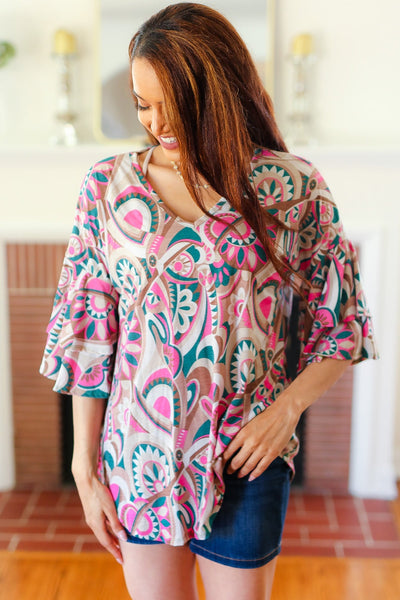 Eyes On You Teal Paisley Double Ruffle Sleeve Top - Online Only!