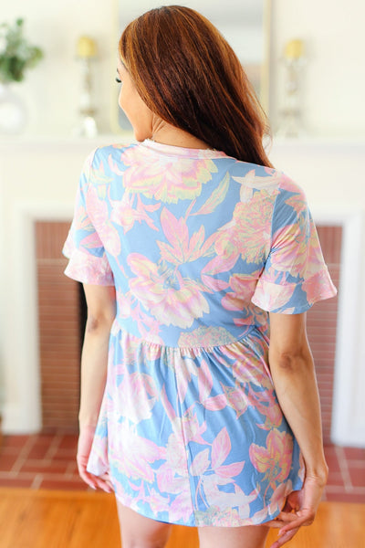 Seize The Day Blue & Pink Babydoll Ruffle Sleeve Top - Online Only!