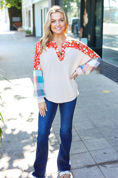 Rust & Oatmeal Plaid Floral Color Block Notch Neck Top - Online Only!