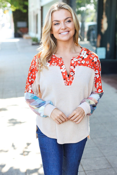Rust & Oatmeal Plaid Floral Color Block Notch Neck Top - Online Only!
