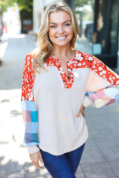 Rust & Oatmeal Plaid Floral Color Block Notch Neck Top - Online Only!
