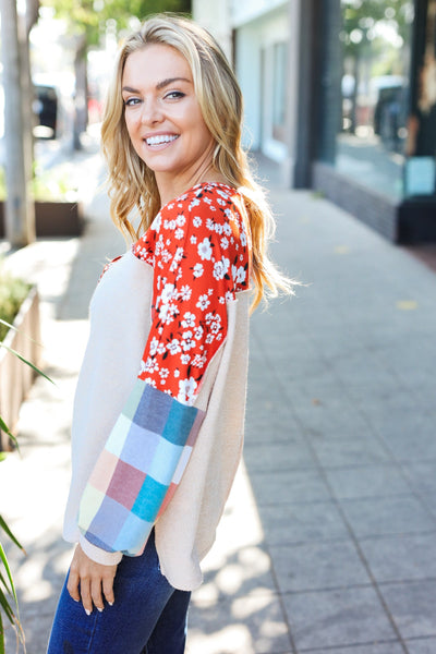 Rust & Oatmeal Plaid Floral Color Block Notch Neck Top - Online Only!