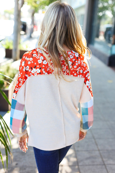 Rust & Oatmeal Plaid Floral Color Block Notch Neck Top - Online Only!