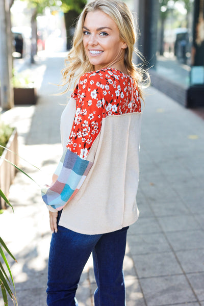 Rust & Oatmeal Plaid Floral Color Block Notch Neck Top - Online Only!