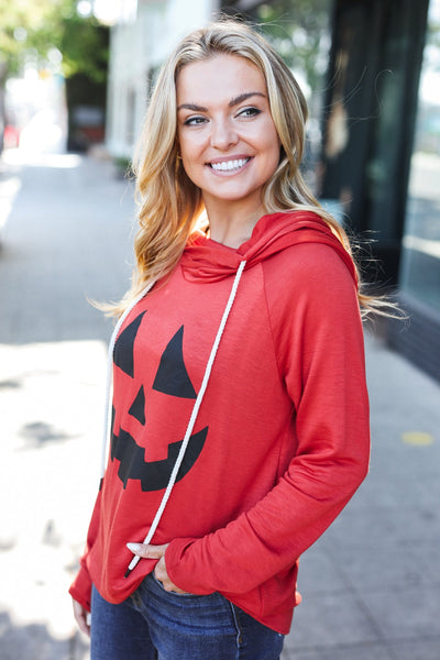 Orange Jack-O-Lantern French Terry Thumb Hole Double Hoodie - Online Only!
