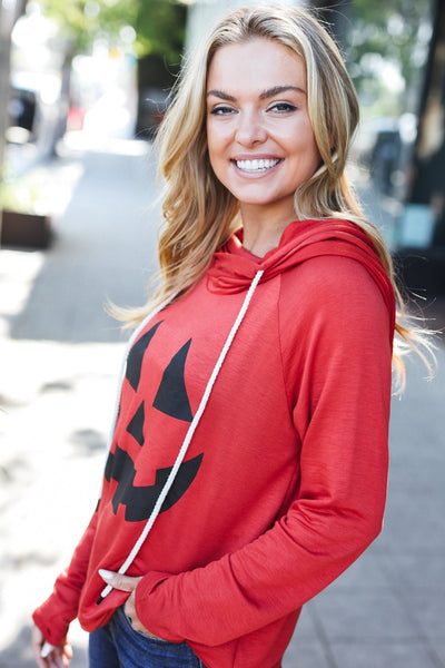Orange Jack-O-Lantern French Terry Thumb Hole Double Hoodie - Online Only!