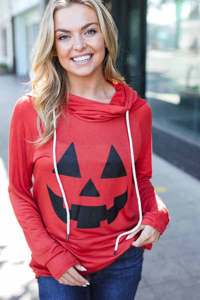 Orange Jack-O-Lantern French Terry Thumb Hole Double Hoodie - Online Only!