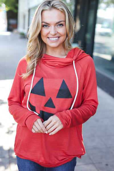 Orange Jack-O-Lantern French Terry Thumb Hole Double Hoodie - Online Only!