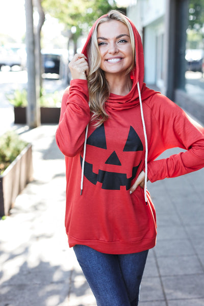 Orange Jack-O-Lantern French Terry Thumb Hole Double Hoodie - Online Only!
