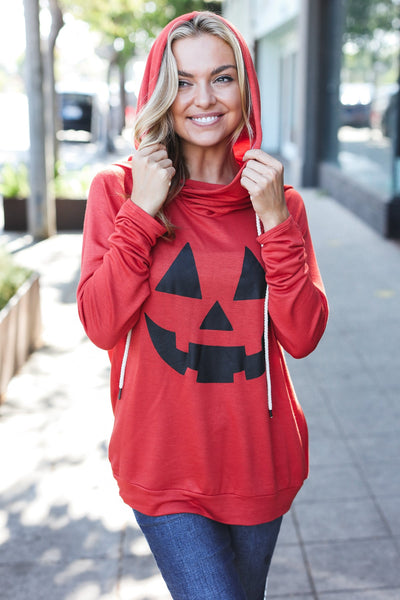 Orange Jack-O-Lantern French Terry Thumb Hole Double Hoodie - Online Only!