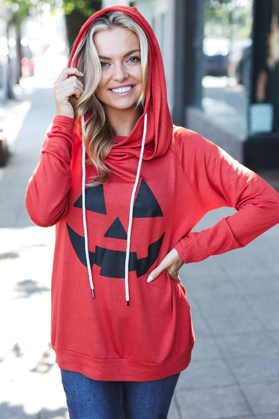 Orange Jack-O-Lantern French Terry Thumb Hole Double Hoodie - Online Only!