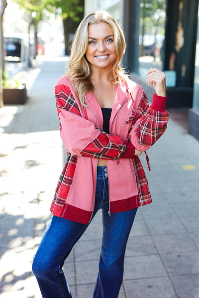 Adorable in Marsala Plaid Color Block Zipper French Terry Hoodie - Online Only!