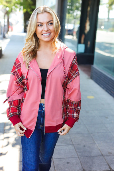 Adorable in Marsala Plaid Color Block Zipper French Terry Hoodie - Online Only!