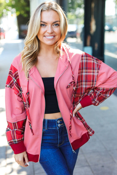 Adorable in Marsala Plaid Color Block Zipper French Terry Hoodie - Online Only!