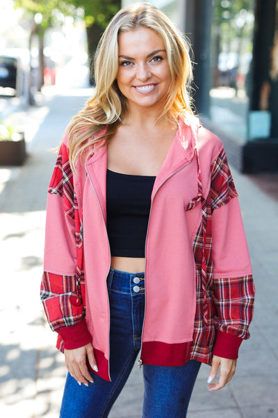 Adorable in Marsala Plaid Color Block Zipper French Terry Hoodie - Online Only!