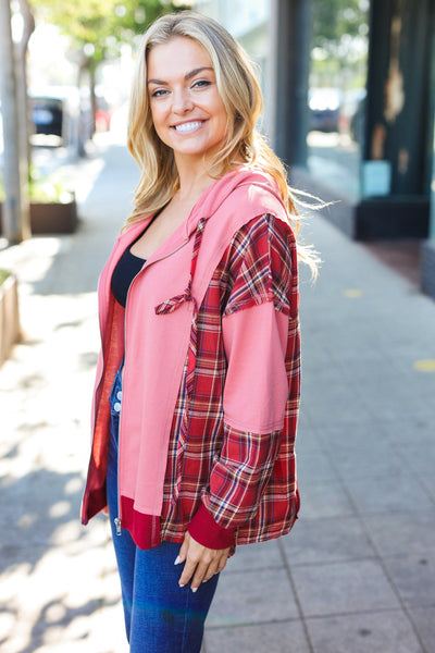 Adorable in Marsala Plaid Color Block Zipper French Terry Hoodie - Online Only!