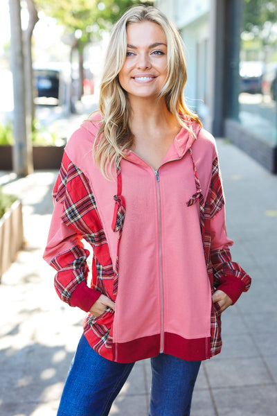 Adorable in Marsala Plaid Color Block Zipper French Terry Hoodie - Online Only!