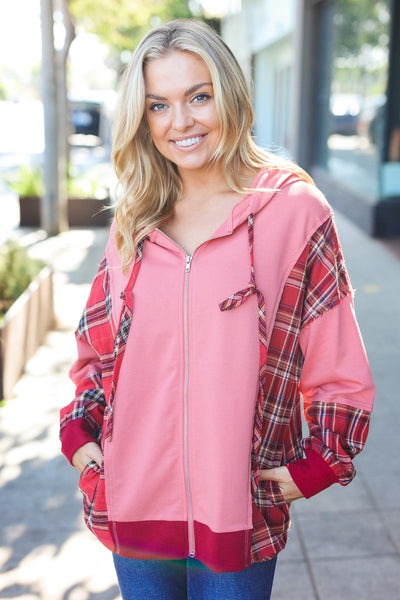Adorable in Marsala Plaid Color Block Zipper French Terry Hoodie - Online Only!